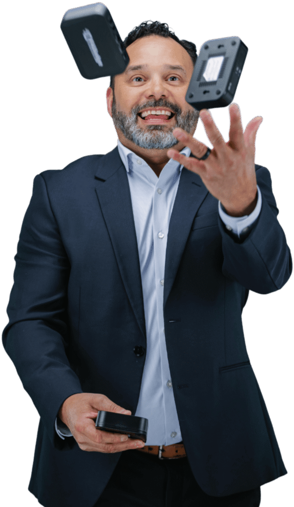Man in suite Juggling ATA Devices